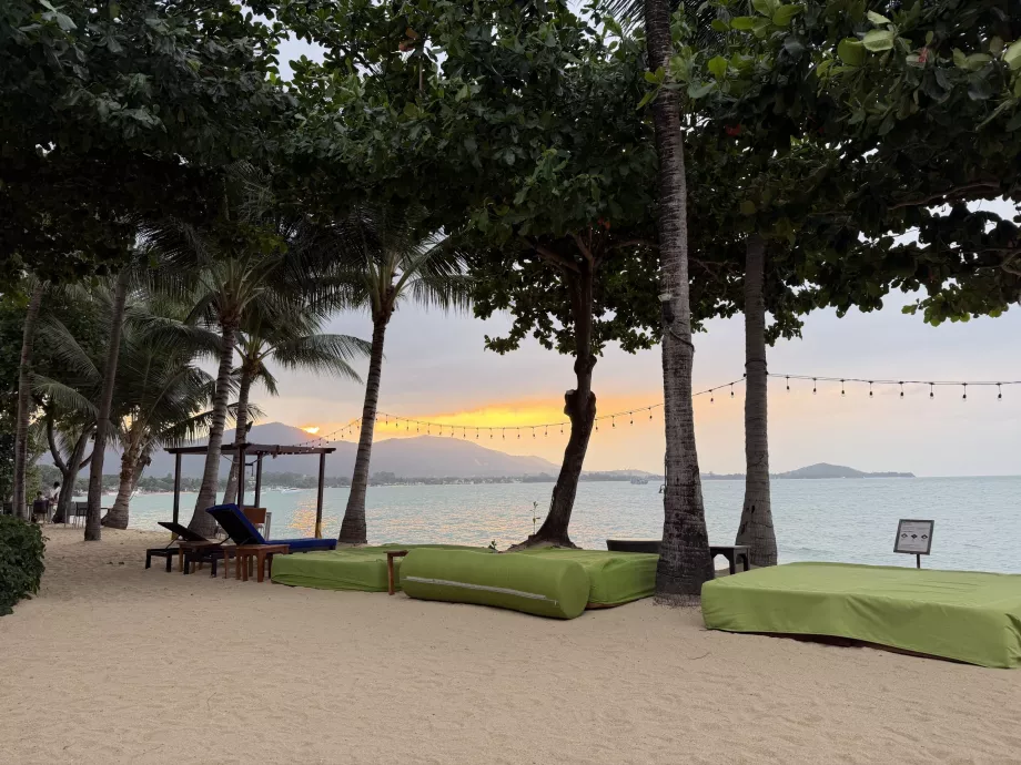 Hotelli rand koos lamamistoolidega päikeseloojangul