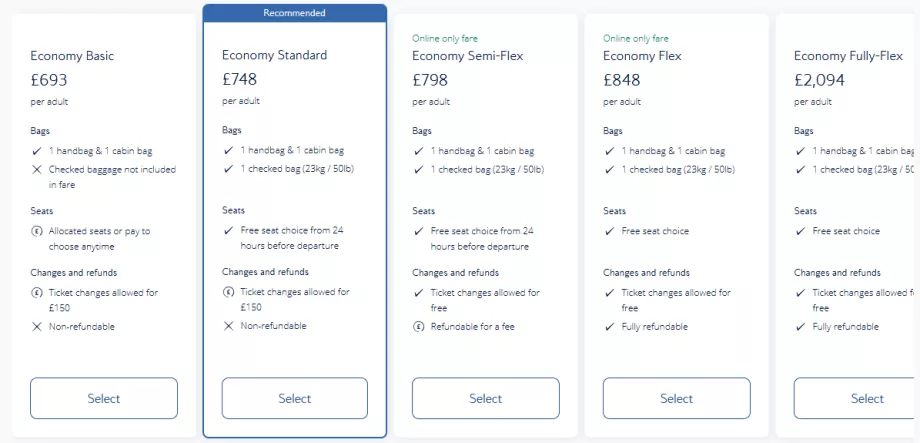 British Airways turistiklassid