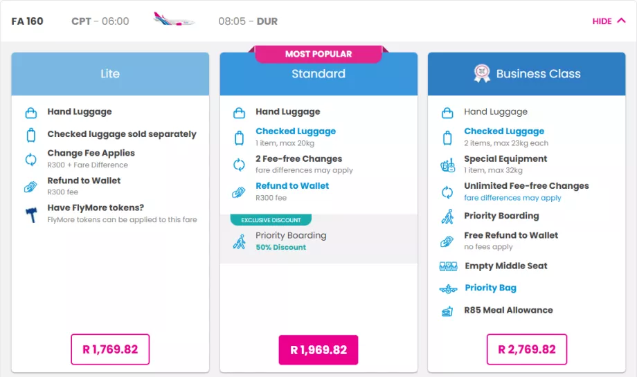 FlySafairi hinnaklassid