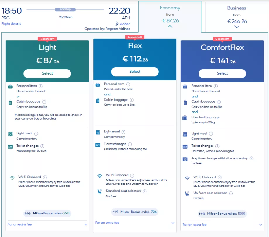 Aegean Airlinesi hinnaklassid