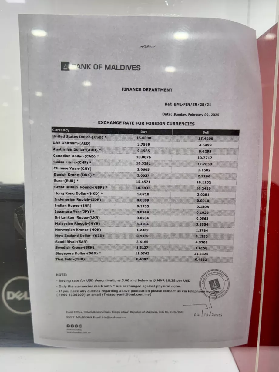 Vahetuskursi pilet Maldiivide pank Male MLE