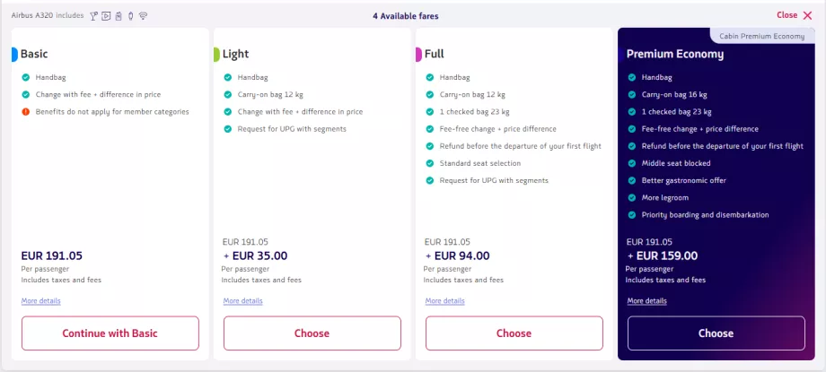 LATAM, tariifide võrdlus